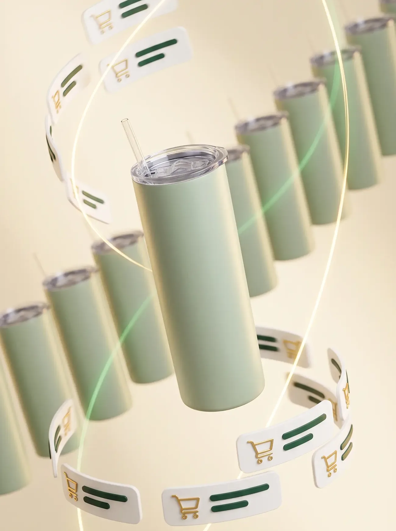 A sage tumbler surging in demand — echo copies receding behind it while order notifications spiral upward