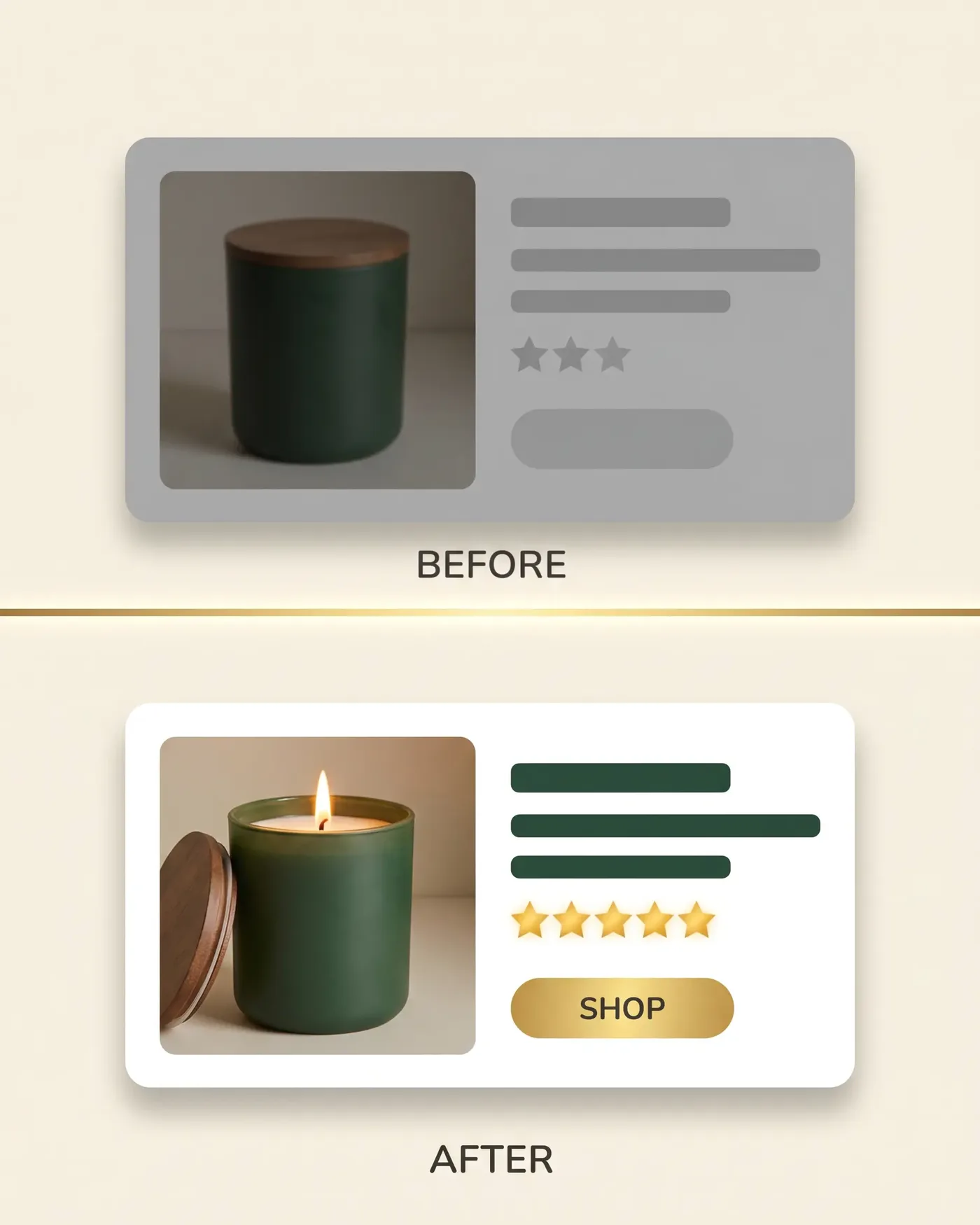 The same candle listing before and after Vantage rebuilds it — dim and stale on top, lit and bright with five gold stars below