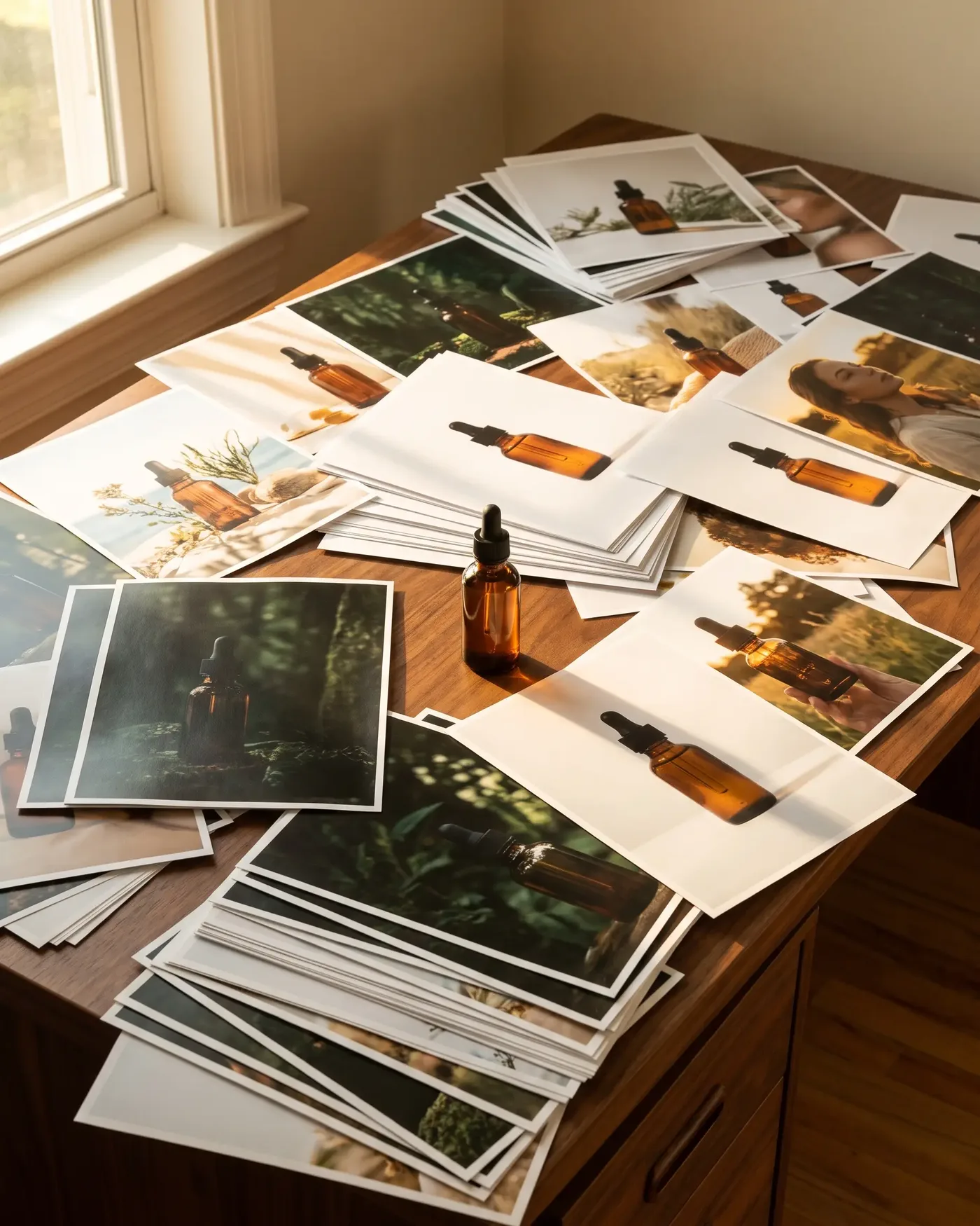 A desk covered in freshly printed campaign photographs of one amber serum bottle in a dozen styles, the real bottle standing among its own imagery