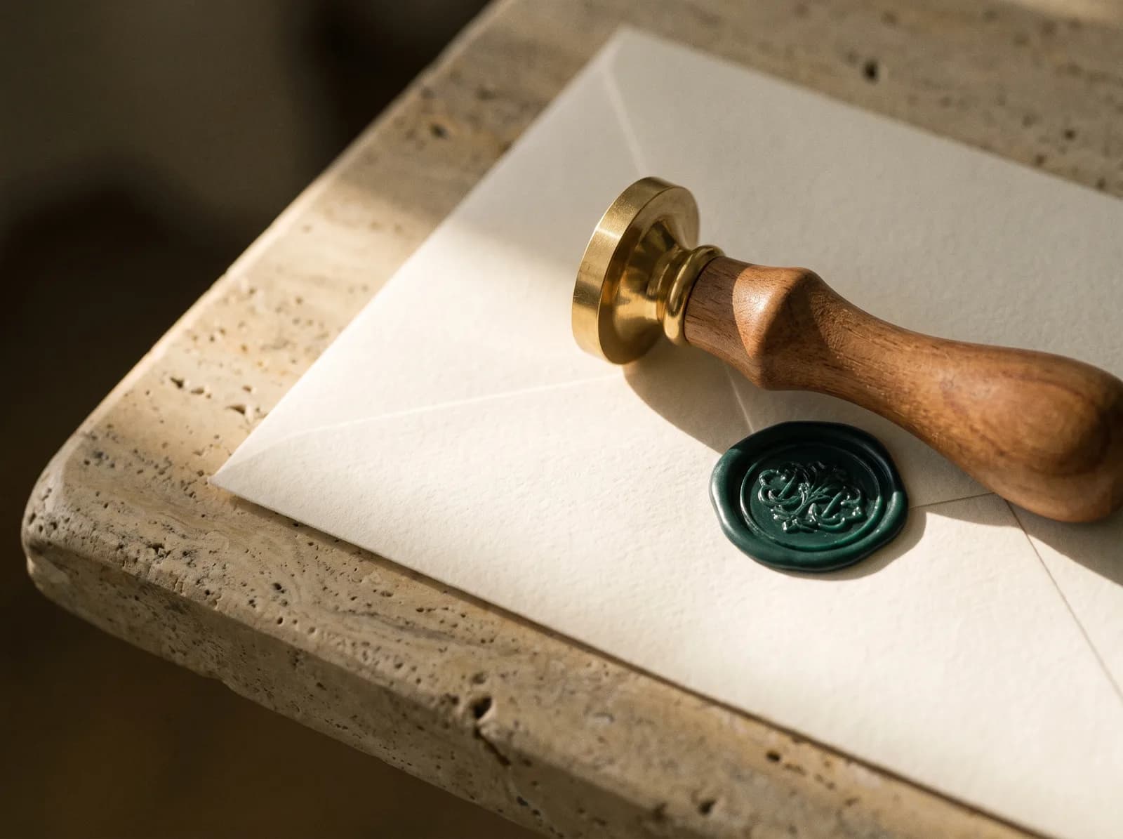 A solid brass wax-seal stamp beside a freshly pressed deep-forest wax seal on heavy bone paper, lit in warm brass and forest-green light.