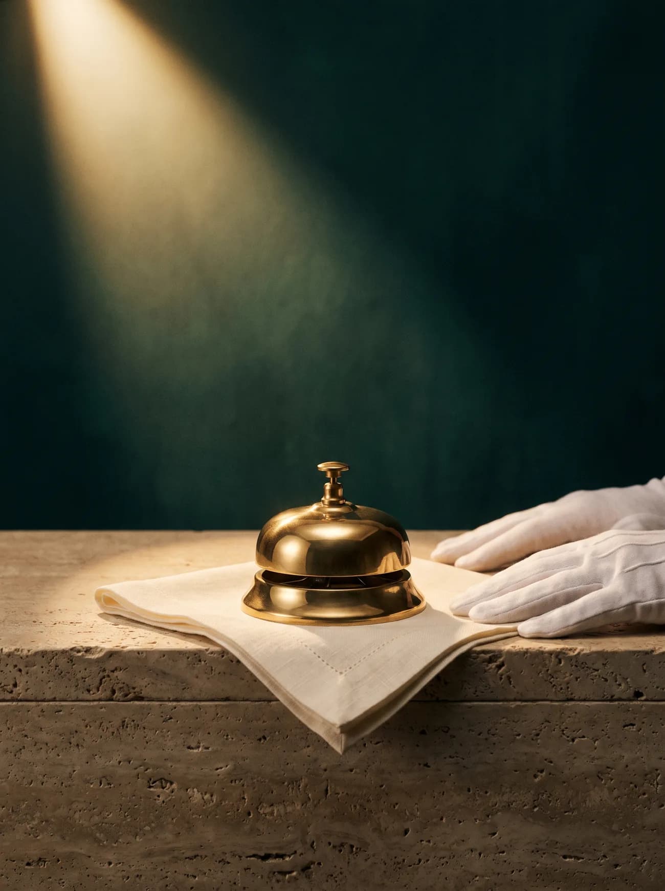 A polished brass concierge bell on folded ivory linen atop travertine, lit like a luxury still-life.